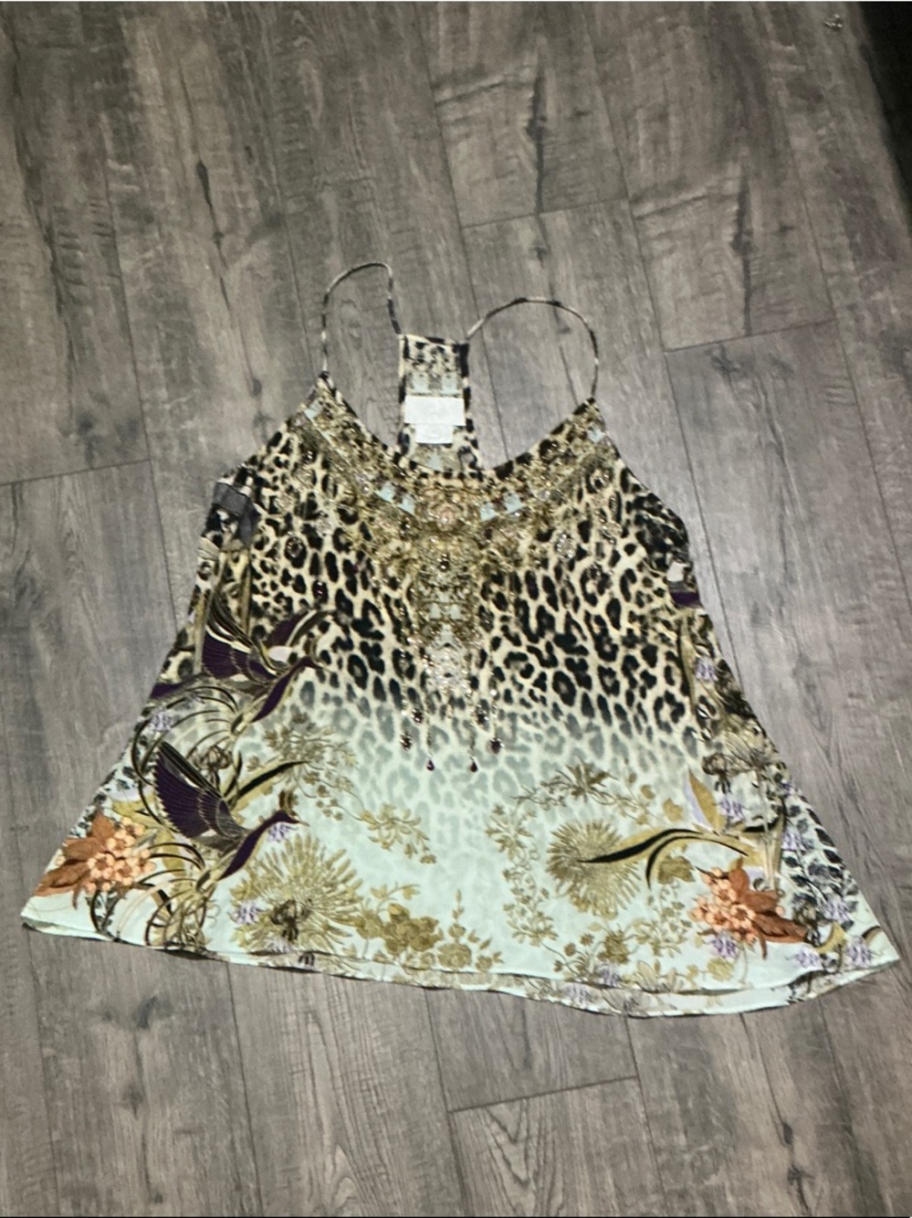 Camilla Leopard & Floral Beaded Spaghetti-Strap Tank in Cream, Black & Purple